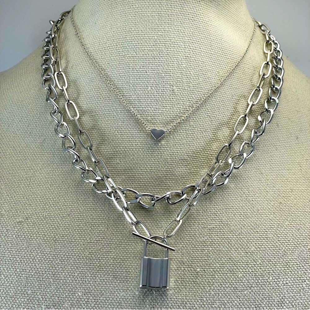 Silver Tone Multi Chain Lock Pendant Multi Layer Necklace Boho Fun Fashion